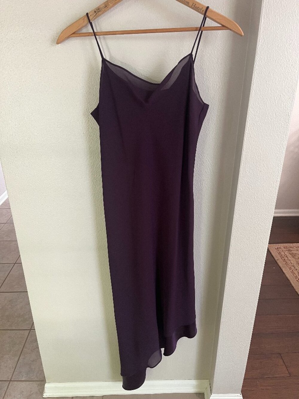 Positive Attitude Asymmetrical Satin and Sheer Sheath Dress w/Spaghetti Straps